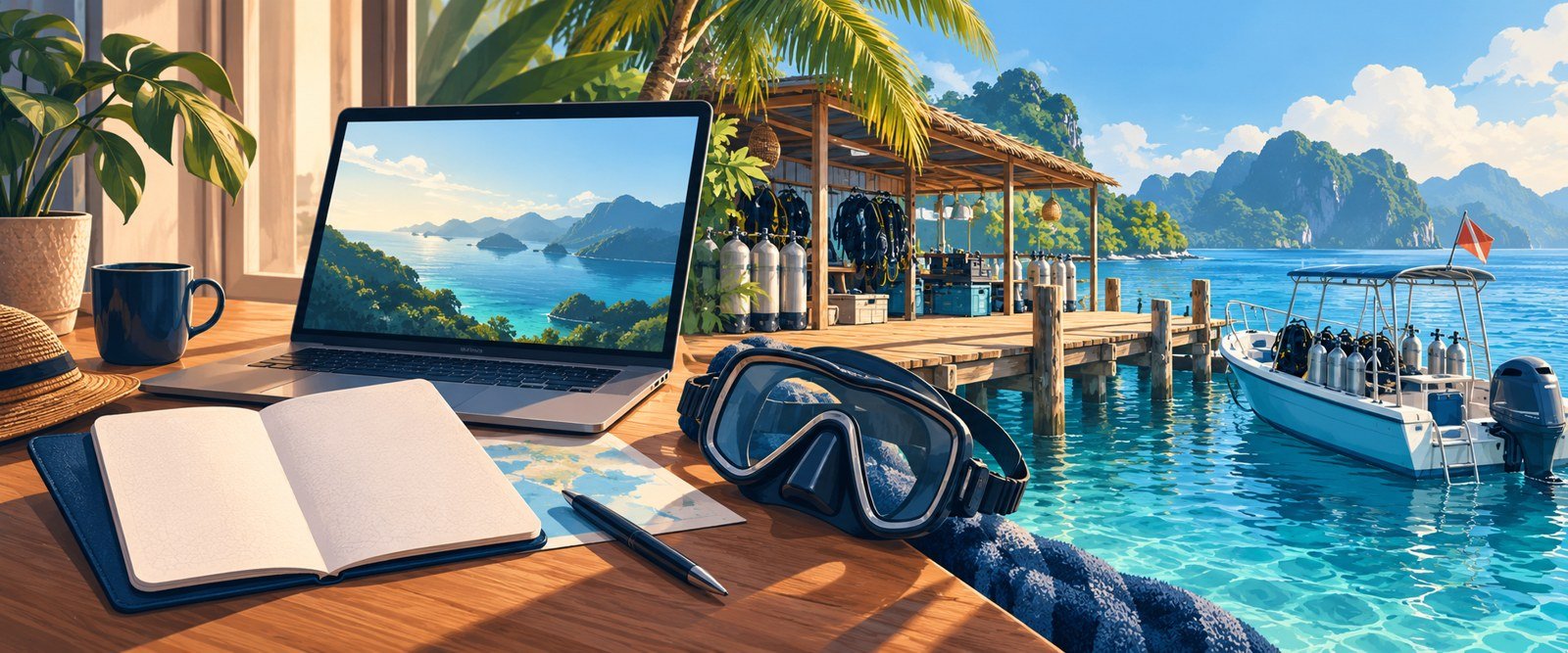 Editorial illustration of a travel-planning laptop and diving mask beside a tropical dive-center jetty and boat.